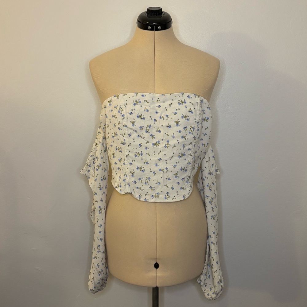 Wild Fable Cream & Light Blue Dainty Floral Off-the-Shoulder Crop Corset Top, XL